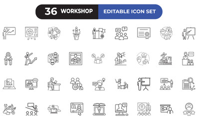 workshop, training, motivation, teamwork editable flat icons set