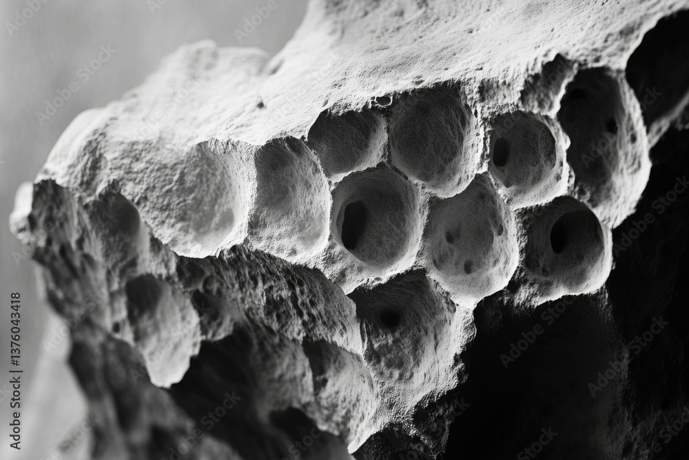 Poster a monochrome close-up of a porous, rock-like structure with numerous circular cavities and textured 