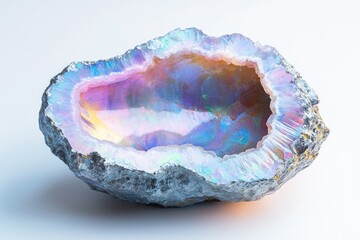Iridescent opal geode with sparkling crystals and layered hues, a beautiful gemstone on white background.
