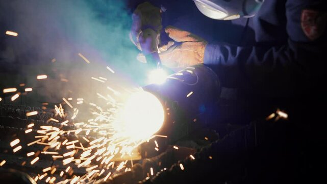 A worker in a factory wearing a protective mask cuts a hole in an iron pipe with a hand-held plasma cutter. Industrial plant for the production of metal structures and heating boilers.