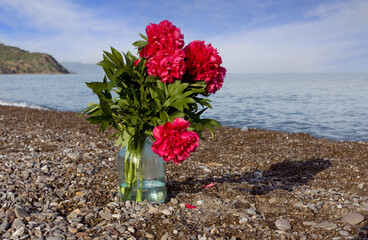 bouquet of red peonies in a glass jar on the sea coast
