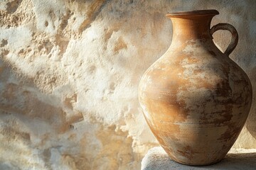 Earthenware jar with handle, standing against a textured, aged wall, illuminated by natural light and casting soft shadows.