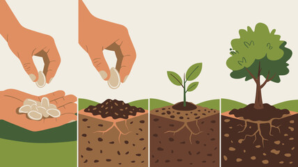 Illustrated Growth Sequence: Planting Seeds to a Mature Tree, Showing Root Development and Soil Transformation, Growing Concept