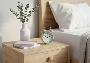 Scandinavian style bedside table with dried eucalyptus and soft pastel accents for coziness