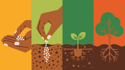 Life cycle of plant growth: seed to sprout to mature tree, agriculture, environment, ecology, planting illustration, sustainability concept