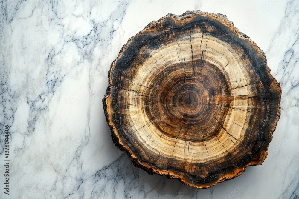 Poster a cross-section of a tree trunk with visible growth rings sits on a white marble surface, highlighti