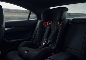 Sporty child car seat in a sleek coupe prepares for a modern family journey