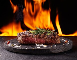 Dinner menu medium rare steak on dark background and flames