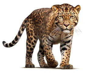 Fototapeta premium Leopard's Stride: Majestic leopard confidently strides forward, its patterned coat and piercing gaze capturing the essence of wildlife.