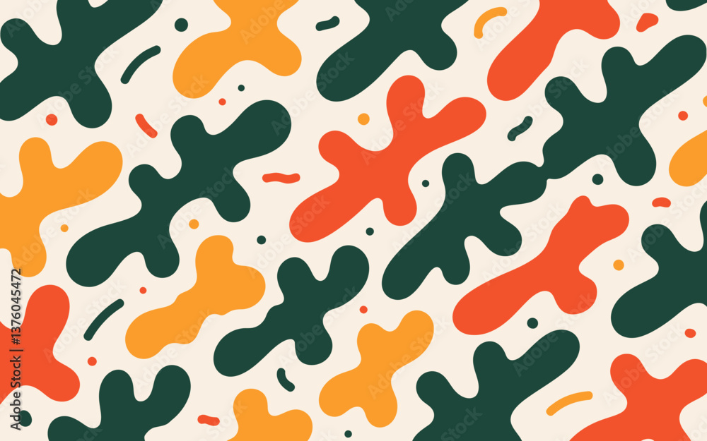 Poster seamless vector pattern design featuring a camouflage texture with red and yellow leaf shapes
