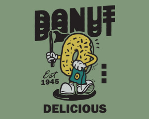 Groovy funky vector of donut mascot illustration cartoon style, retro and trendy graphic design for fashion wear, street wear, clothing line, apparel and urban style t shirt design, hoodies, etc.