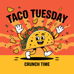Cartoon Taco Tuesday Illustration: Happy Walking Taco Character for Food Promotion & Fun Events