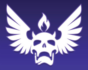 White Flaming Skull with Wings on a Dark Purple Background