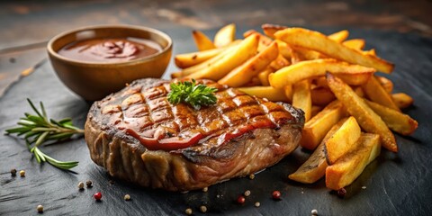 A savory steak served with a side of golden brown fries and a drizzle of rich sauce, food, appetizer,  food, appetizer, plate