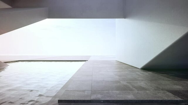 Empty concrete floor terrace near water in pond. 3d rendering of abstract gray building with sea and clear sky background.