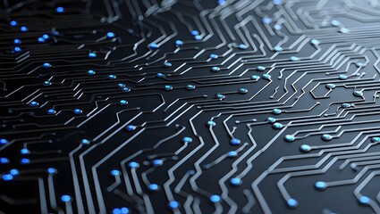 Close-up of a circuit board, showcasing detailed paths, blue components, and intricate metallic connections.