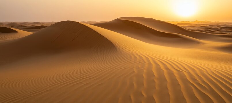 Golden Hour Serenity in the Desert Soft Focus Landscape with Sand Dunes and Glowing Sky