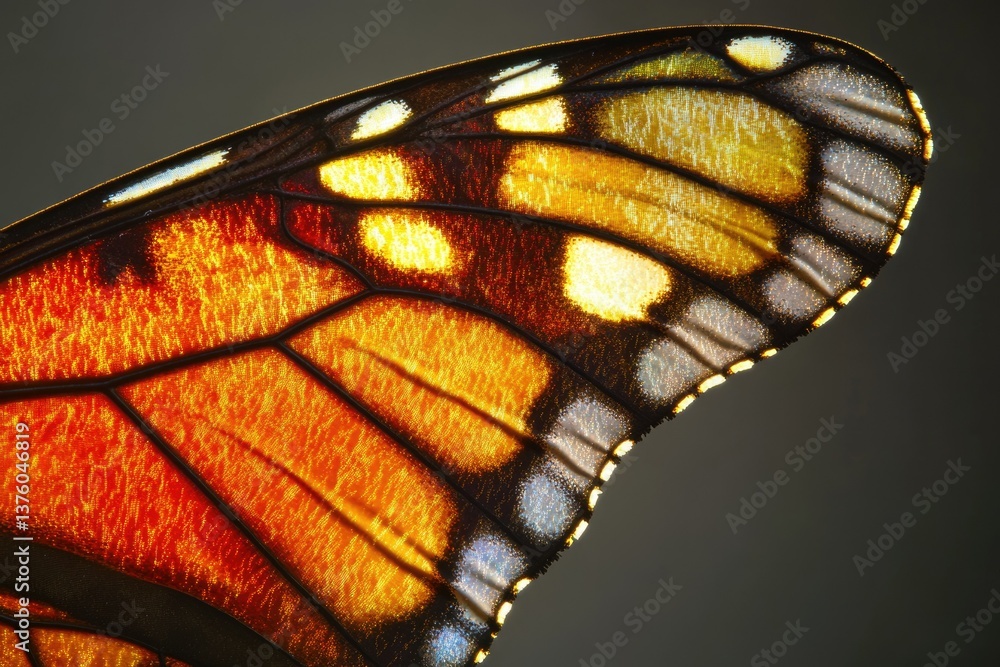 Poster close-up shot of a butterfly wing showcases intricate patterns, vibrant colors, and delicate details