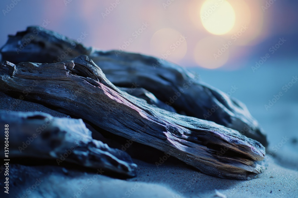 Aufkleber driftwood on a sandy beach illuminated by the soft glow of the setting sun creating a serene and cap