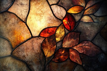 Artistic stained glass with autumn leaves in warm, earthy tones, reminiscent of fall foliage.
