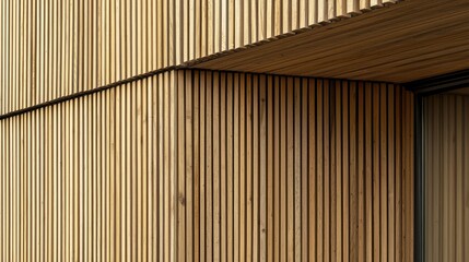 A close-up of the Nordic-inspired architectural details on the wooden holiday home, such as angular lines, wooden slats, and minimalist design elements.