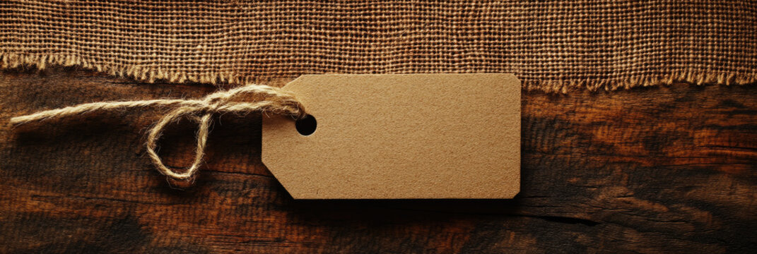 Minimalist composition with a blank off-white textured paper tag tied with natural twine, lying white background. Ideal for product branding, packaging design,promotional mockups. Banner, copy space