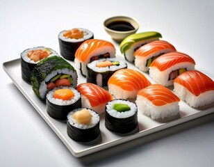 Elegance meets flavor as sushi varieties take their place on a clean white canvas, inviting 