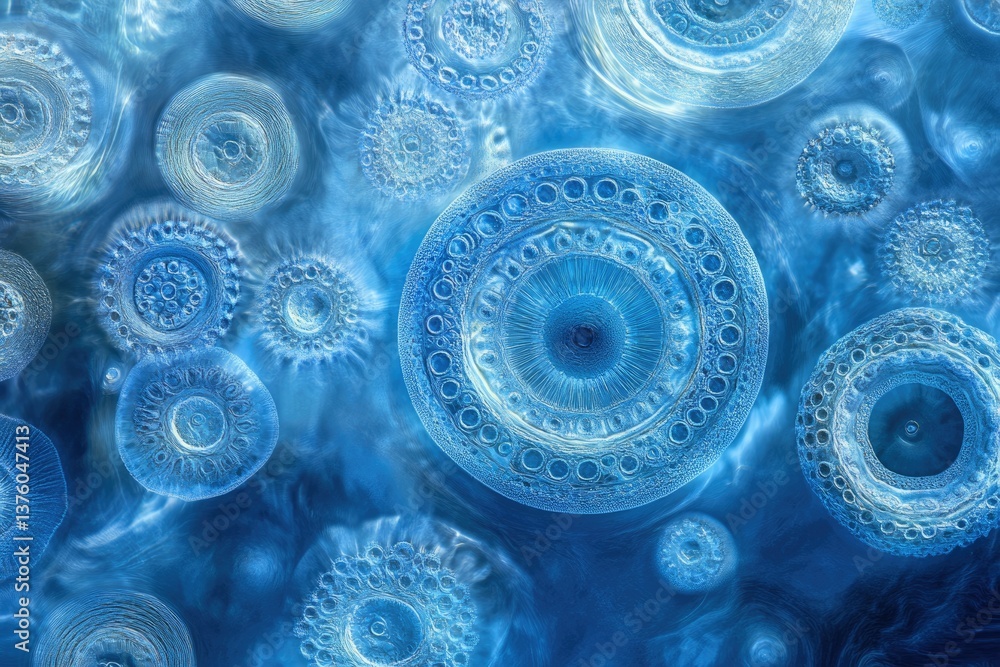 Poster intricate, ethereal blue organisms float in a fluid medium, resembling cellular structures or abstra