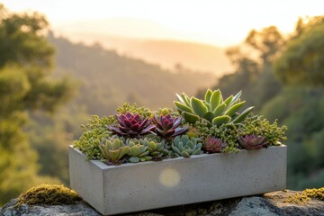 Succulent planter box featuring various echeveria types, sitting on a rock with a soft, golden sunset background.