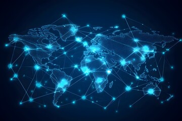A digital map of the world with glowing lines connecting cities.