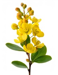 Obraz premium Firefly Barberry sprig displaying bright yellow blossoms, emerging buds, and verdant foliage against pristine white background