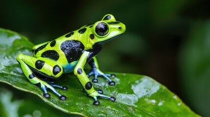 Obraz premium A close-up view of a vibrant green poison dart frog perched on a leaf in the humid environment of Anavilhanas National Park.