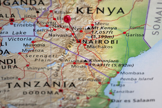 Colorful tourist location map with red stick pin at Nairobi, Kenya and the surrounding area