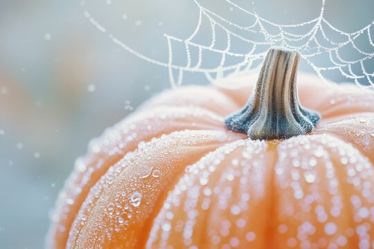 A close-up of a pumpkin covered in frost and water droplets, with a spiderweb in the background, evokes a chilly Halloween mood.