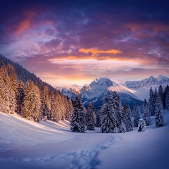Fototapeta premium Fantastic evening winter landscape. Colorful overcast sky. Austria, Europe. Beauty world. 