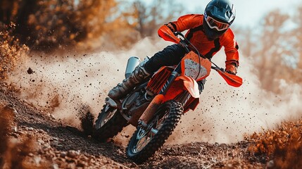 dirt bike rider in vibrant orange gear speeds through dusty trail, kicking up dirt and showcasing intense action