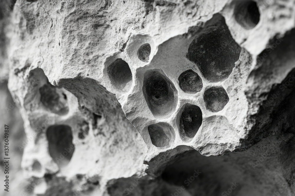 Poster monochrome stone formation with various-sized holes, showcasing the unique textures and weathering p
