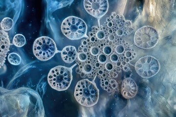 Abstract macro shot featuring cell-like structures and interconnected bubbles in a blue and white color palette, evoking microscopic imagery.