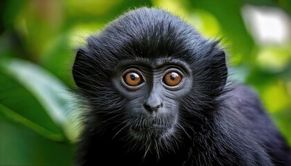 Obraz premium Black monkey with big brown eyes staring into the camera in a green jungle.