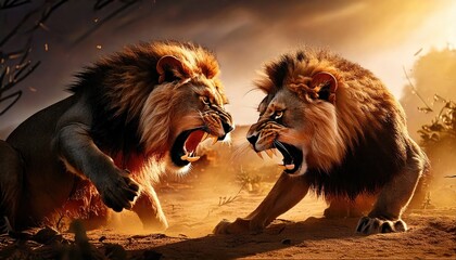 Naklejka premium Two lions roaring at each other in a fierce confrontation.