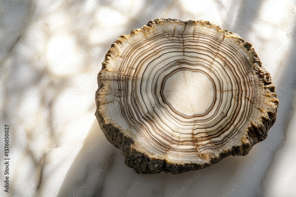Poster a tree trunk slice shows its life story in concentric rings on a marble background, illuminated by s