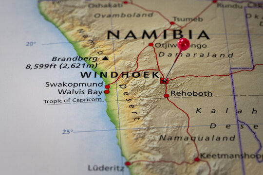 Colorful tourist location map with red stick pin at Windhoek, Namibia and the surrounding area