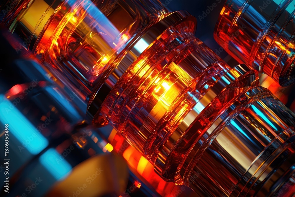 Poster abstract close-up of interconnected clear cylinders illuminated with fiery orange and cool blue ligh