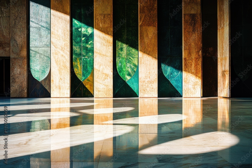Poster sunlight streams through abstract marble walls, casting long shadows on a glossy marble floor, creat