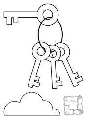 Set of four simple keys bound together by a ring, a cloud shape, and a block of interlocked hands representing teamwork. Ideal for security, collaboration, access, solutions, cloud computing, unity