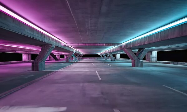 An empty concrete parking garage is lit with pink and blue neon lights, creating a moody atmosphere.