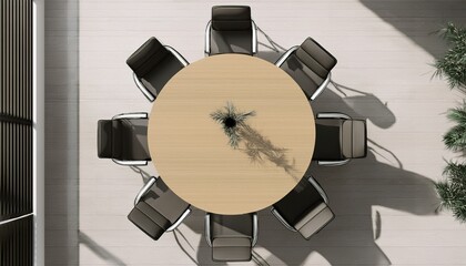 Top view of modern round table with chairs in stylish office space. 3D Rendering. Generated image