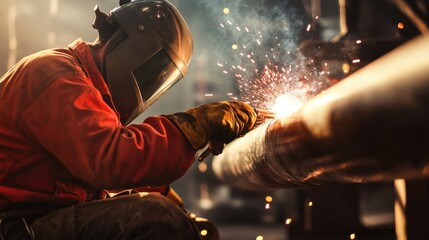 A construction worker welding pipes at a job site. Featuring skill and concentration