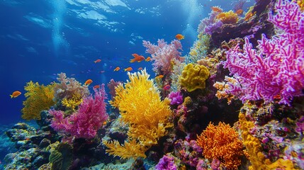 Fototapeta premium A colorful coral garden in the South Andaman Sea, with different species of hard and soft corals creating a vibrant underwater landscape.