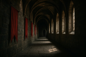 Castle Corridor with Red Banners